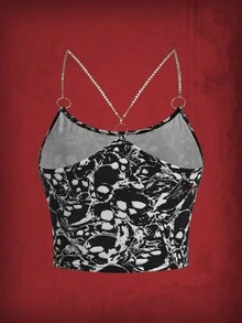 ROMWE Grunge Punk Skull Print Chain Detail Cami Top - Black - View 2