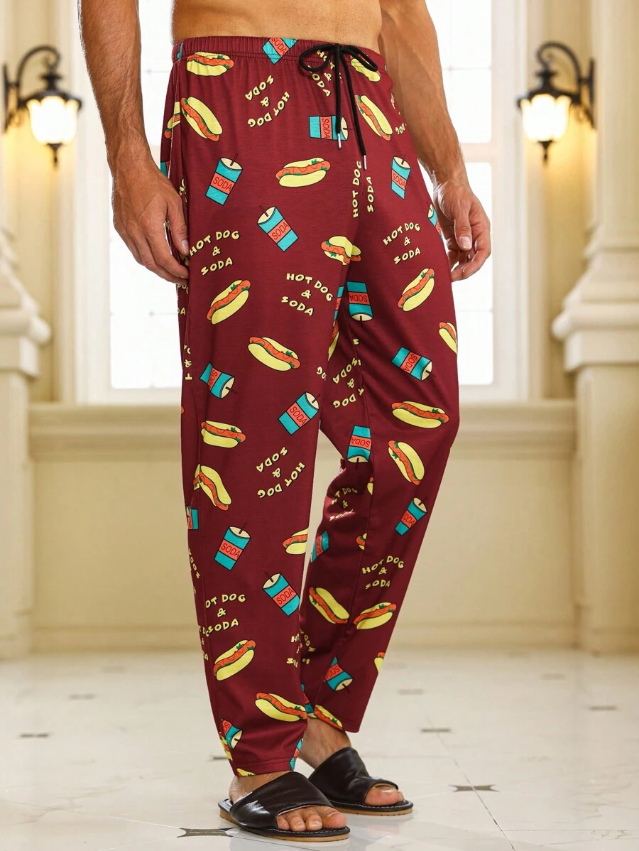 Men Cartoon & Letter Graphic Sleep Trousers - Burgundy - View 1
