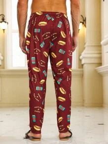 Men Cartoon & Letter Graphic Sleep Trousers - Burgundy - View 2