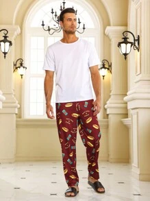 Men Cartoon & Letter Graphic Sleep Trousers - Burgundy - View 4