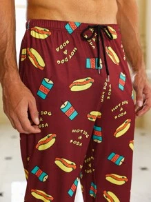 Men Cartoon & Letter Graphic Sleep Trousers - Burgundy - View 6