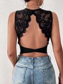 SHEIN Privé Contrast Lace Cut Out Twist Backless Bodysuit - Black - View 2