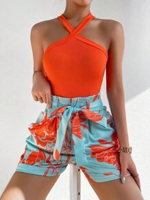 Breezaya 素色掛脖上衣和熱帶圖案附腰帶短褲 - 亮橙色 - 查看 4