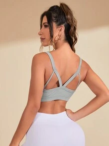 Yoga Basic Parte superior deportiva de punto acanalado sólido para gimnasio - Gris - Ver 2