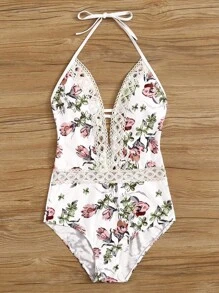 印花蕾絲邊深V領吊脖連體泳衣 - 彩色 - 查看 1