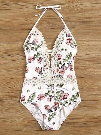 印花蕾絲邊深V領吊脖連體泳衣