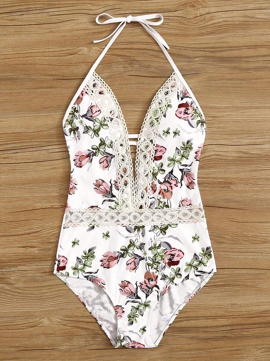 印花蕾絲邊深V領吊脖連體泳衣 - 彩色 - 查看 1