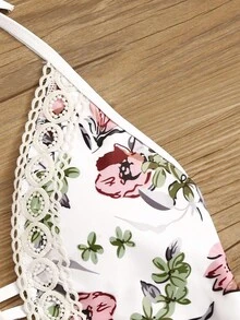 印花蕾絲邊深V領吊脖連體泳衣 - 彩色 - 查看 4