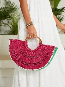 SHEIN VCAY 圓環手柄設計大容量草編包 - 彩色 - 查看 1