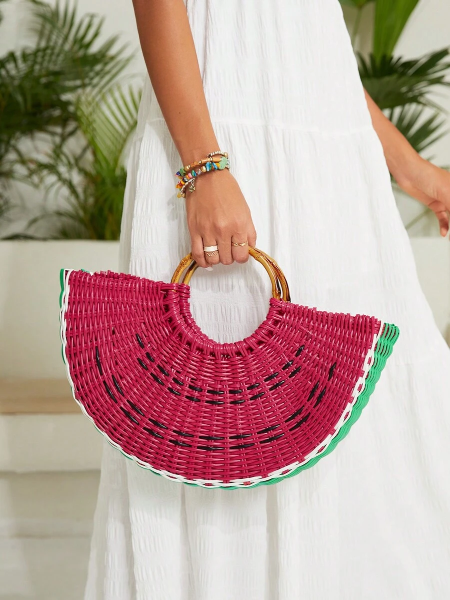 SHEIN VCAY 圓環手柄設計大容量草編包 - 彩色 - 查看 1