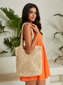 SHEIN VCAY Dung lượng lớn Túi Rơm Tay cầm đôi Màu thuần - Màu be - Xem 4