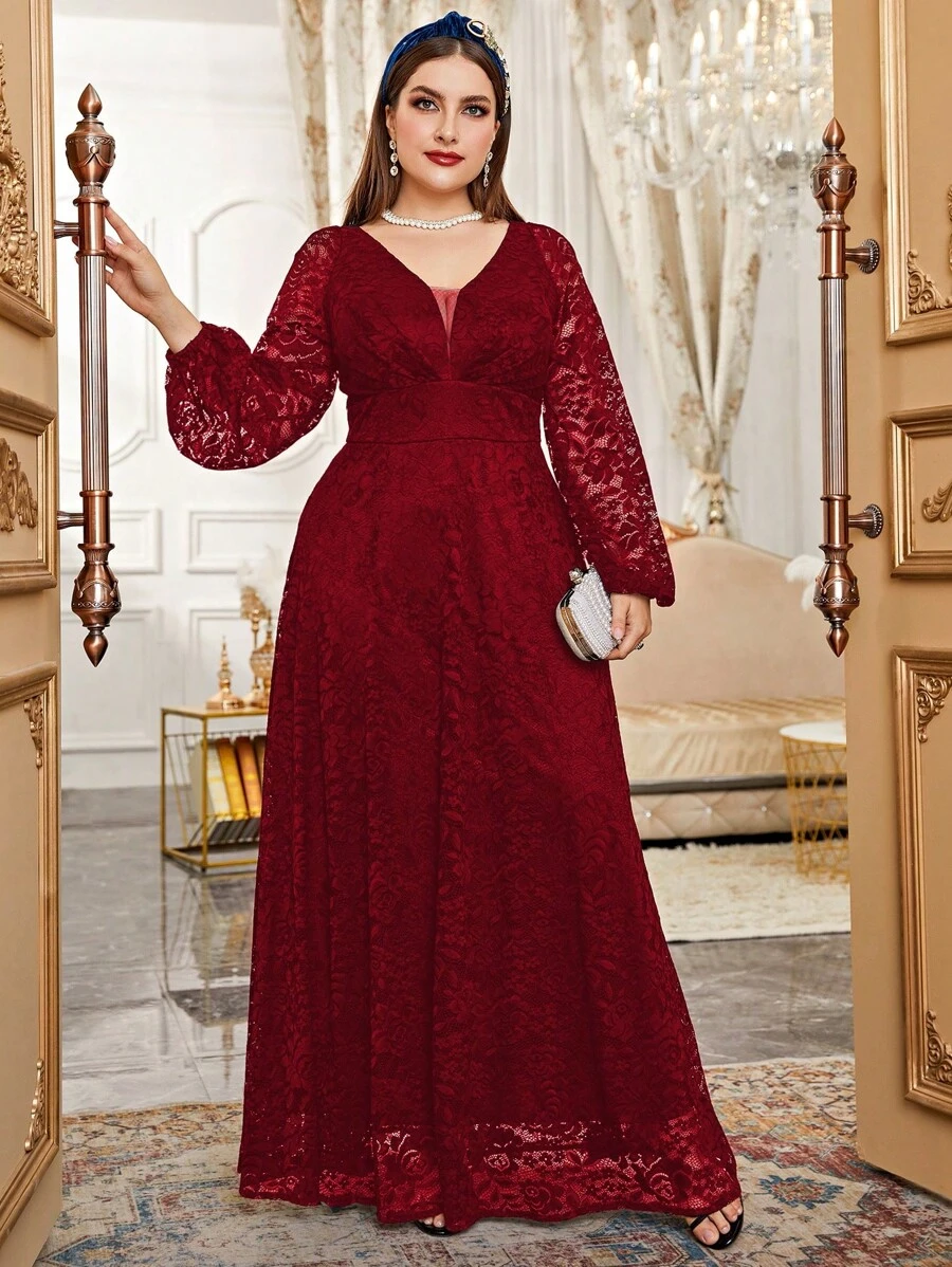 Modelyn Burgundy Red Plus Mesh Insert Contrast Lace Lantern Sleeve Formal Dress Maxi Women Outfit Long Evening Dresses Fall Cloth For Women