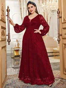 Modelyn Burgundy Red Plus Mesh Insert Contrast Lace Lantern Sleeve Formal Dress Maxi Women Outfit Long Evening Dresses Fall Cloth For Women