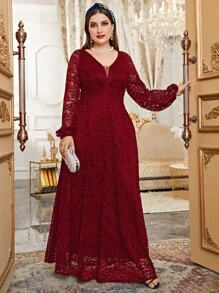 Modelyn Burgundy Red Plus Mesh Insert Contrast Lace Lantern Sleeve Formal Dress Maxi Women Outfit Long Evening Dresses Fall Cloth For Women