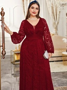 Modelyn Burgundy Red Plus Mesh Insert Contrast Lace Lantern Sleeve Formal Dress Maxi Women Outfit Long Evening Dresses Fall Cloth For Women
