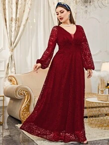 Modelyn Burgundy Red Plus Mesh Insert Contrast Lace Lantern Sleeve Formal Dress Maxi Women Outfit Long Evening Dresses Fall Cloth For Women