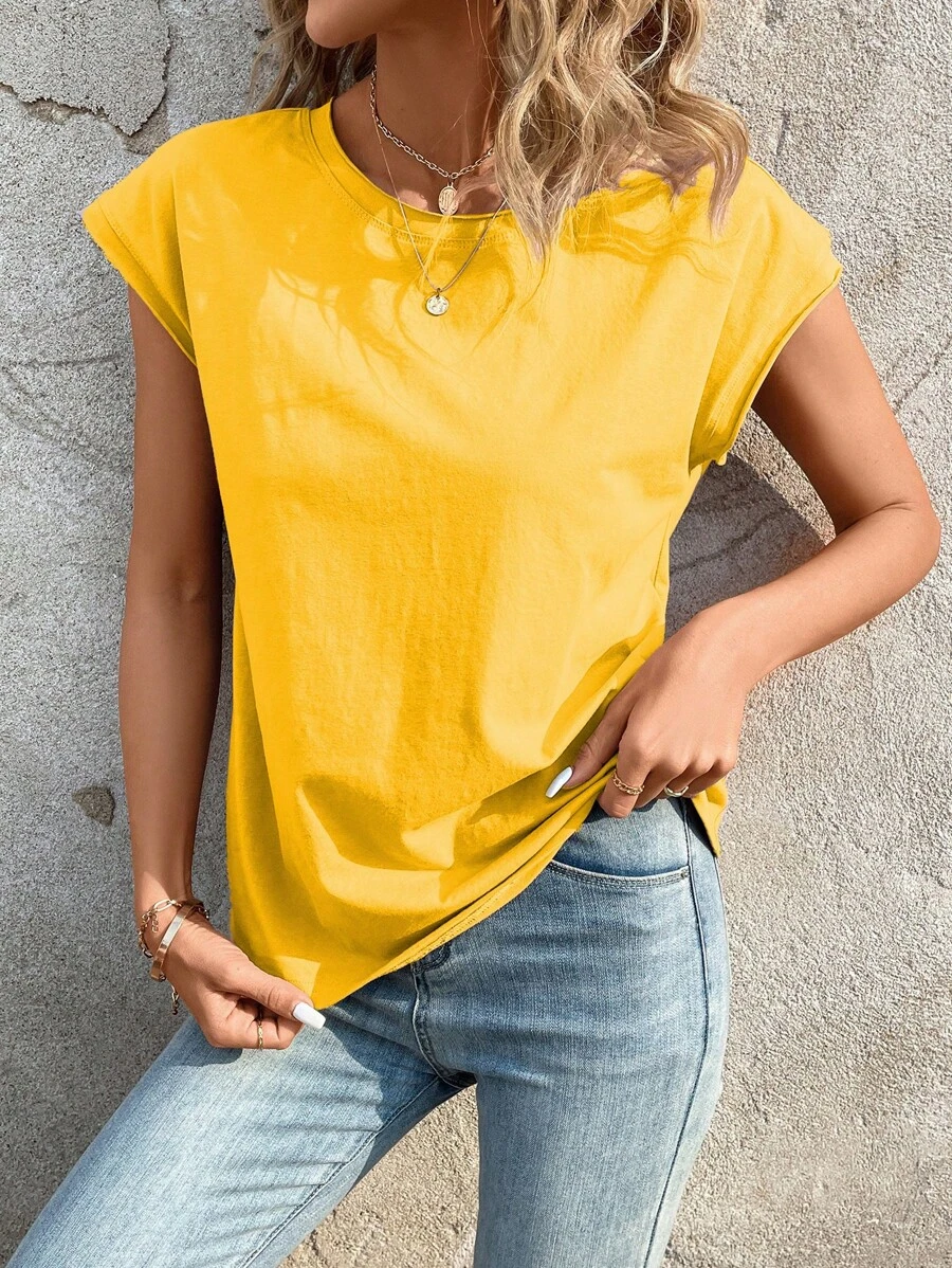 SHEIN LUNE Camiseta unicolor de manga murciélago - Amarillo - Ver 1