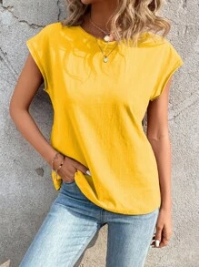 SHEIN LUNE Camiseta unicolor de manga murciélago - Amarillo - Ver 4