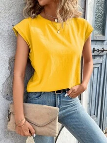 SHEIN LUNE Camiseta unicolor de manga murciélago - Amarillo - Ver 6