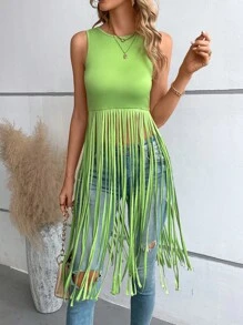SHEIN Privé 流蘇下擺背心上衣 - 綠色 - 查看 2