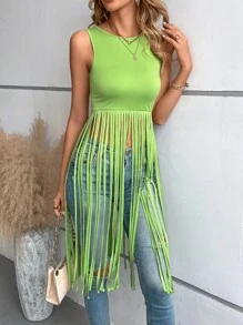 SHEIN Privé 流蘇下擺背心上衣 - 綠色 - 查看 1