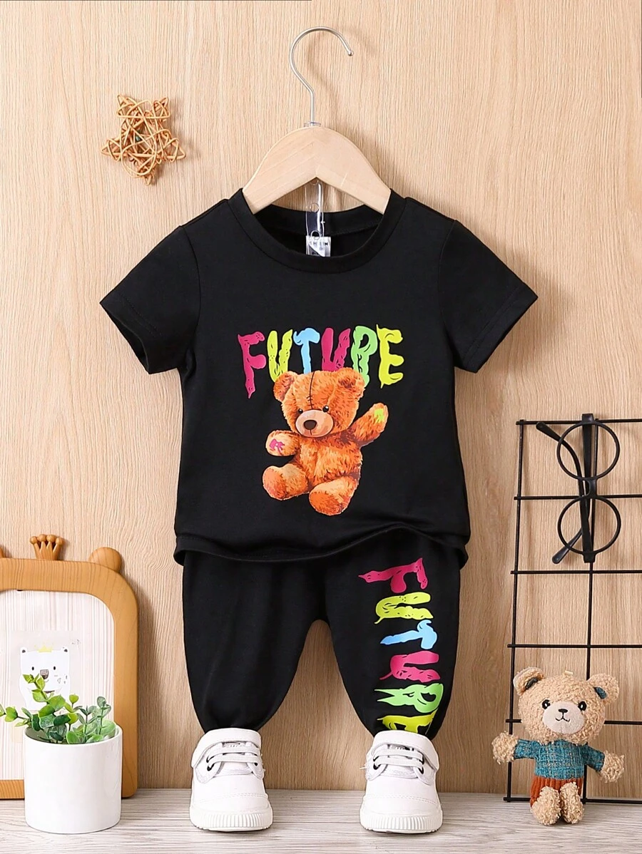 男嬰熊和字母圖案T恤和運動褲 - 黑色 - 查看 1