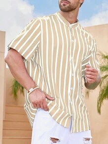 Manfinity Homme 寬鬆款縱條紋男襯衫 - 卡其色 - 查看 3