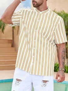 Manfinity Homme 寬鬆款縱條紋男襯衫 - 卡其色 - 查看 4