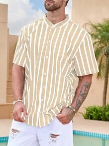 Manfinity Homme 寬鬆款縱條紋男襯衫 - 卡其色 - 查看 6