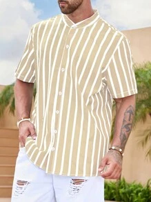 Manfinity Homme 寬鬆款縱條紋男襯衫 - 卡其色 - 查看 7