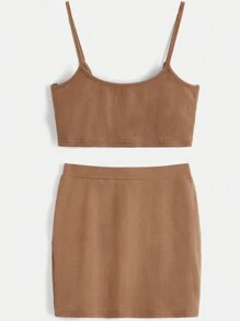 SHEIN BASICS Solid Crop Cami Top & Bodycon Skirt - Camel - View 1