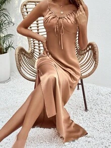 SHEIN LUNE Đầm Thắt nút Thắt nơ trước màu trơn Thanh lịch - Màu nâu  Mocha - Xem 3