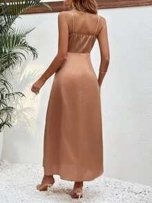 SHEIN LUNE Đầm Thắt nút Thắt nơ trước màu trơn Thanh lịch - Màu nâu  Mocha - Xem 4
