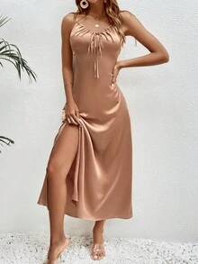 SHEIN LUNE Đầm Thắt nút Thắt nơ trước màu trơn Thanh lịch - Màu nâu  Mocha - Xem 5