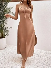 SHEIN LUNE Đầm Thắt nút Thắt nơ trước màu trơn Thanh lịch - Màu nâu  Mocha - Xem 1