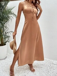 SHEIN LUNE Đầm Thắt nút Thắt nơ trước màu trơn Thanh lịch - Màu nâu  Mocha - Xem 6