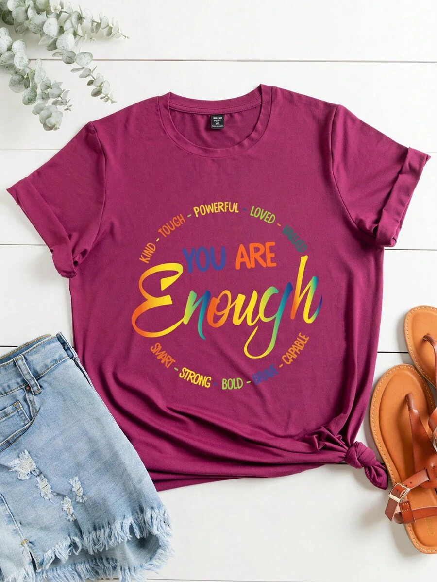 SHEIN LUNE Áo thun Plus size Slogan Giải trí - Màu Đỏ Sâu - Xem 1