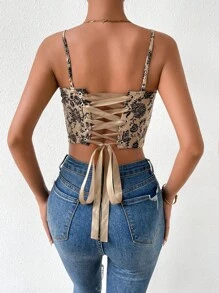 SHEIN Privé Floral Print Bustier Crop Cami Top - Khaki - View 2