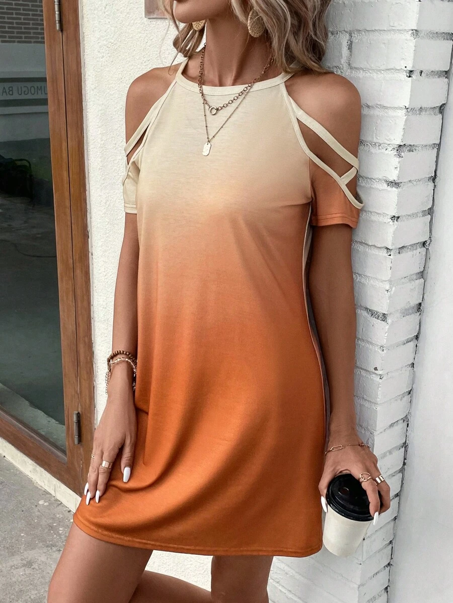 SHEIN LUNE 漸層挖肩T恤連衣裙 - 彩色 - 查看 1