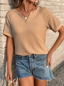 SHEIN LUNE Notched Neckline Raglan Sleeve Waffle Knit Tee - Camel - View 1