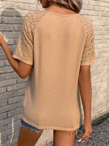 SHEIN LUNE Notched Neckline Raglan Sleeve Waffle Knit Tee - Camel - View 2