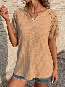 SHEIN LUNE Notched Neckline Raglan Sleeve Waffle Knit Tee - Camel - View 3