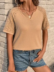 SHEIN LUNE Notched Neckline Raglan Sleeve Waffle Knit Tee - Camel - View 4