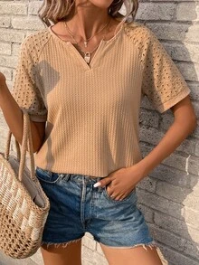 SHEIN LUNE Notched Neckline Raglan Sleeve Waffle Knit Tee - Camel - View 5