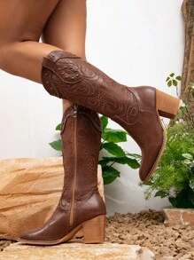 Styleloop Thêu Săn bắn Giày ống Với Dây kéo bên Chi tiết Và Dày Gót chân - màu nâu - Xem 4