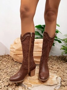 Styleloop Thêu Săn bắn Giày ống Với Dây kéo bên Chi tiết Và Dày Gót chân - màu nâu - Xem 6