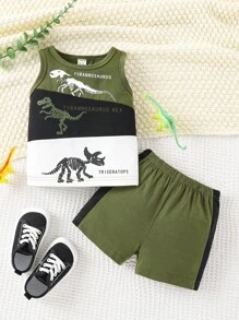 嬰兒恐龍骷髅圖案背心上衣和短褲 - 軍綠色 - 查看 1