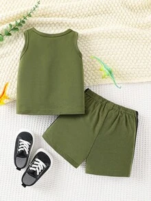 嬰兒恐龍骷髅圖案背心上衣和短褲 - 軍綠色 - 查看 2