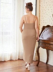 SHEIN MOD Plus Asymmetrical Shoulder Drawstring Split Thigh Dress - Khaki - View 2