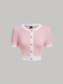 SHEIN MOD Camiseta ribete en contraste con botón delantero - Rosa Pálido - Ver 1